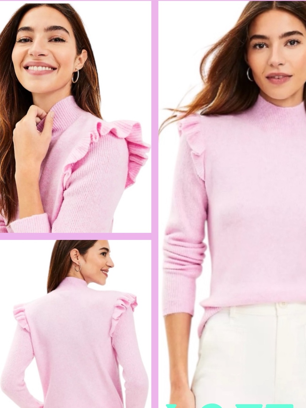 LOFT Light Pink Ruffle-Shoulder Mock Neck Sweater